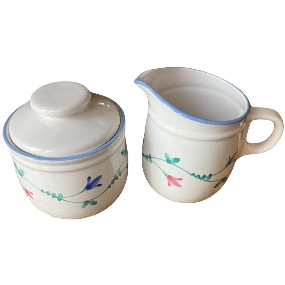 Portofino Blue Cream & Sugar Bowl Set Savoir Vivre Floral Vintage